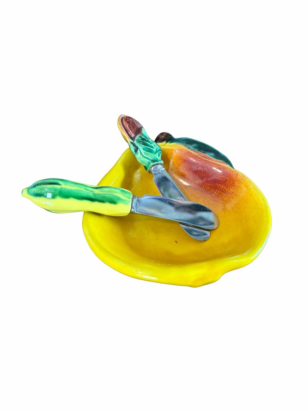 Vintage 5” Yellow Ceramic Pear Shaped Dip Bowl with Spreaders
